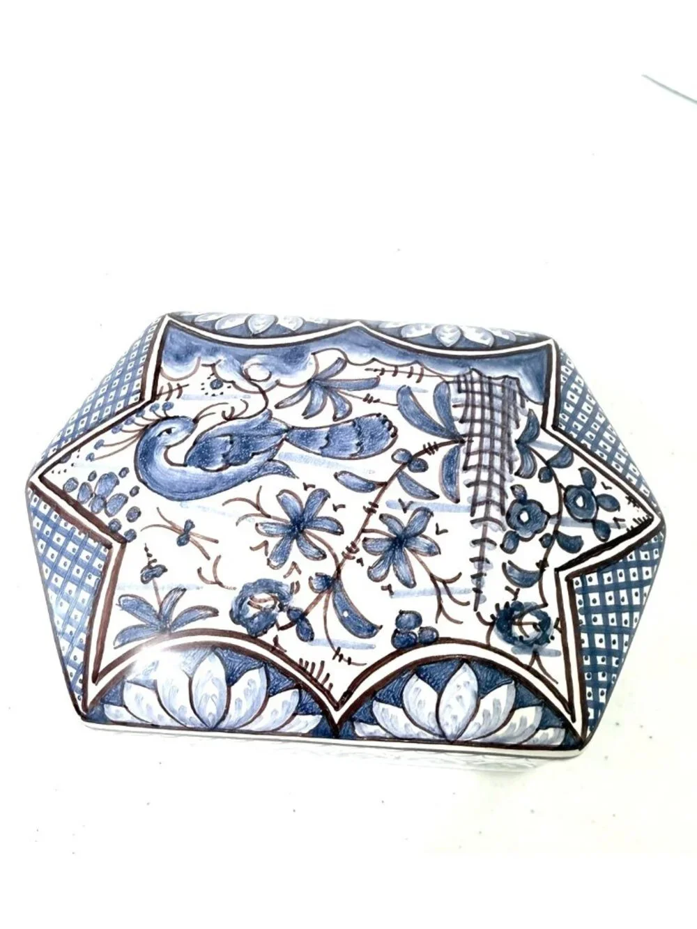 VTG Blue & White Chinoiserie Portugal Hand Painted Floral Lidded Trinket Box